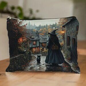 Enchanting Witch & Cat Village Scene Makeup / Cosmetic Bag  Zipper / Lightweight